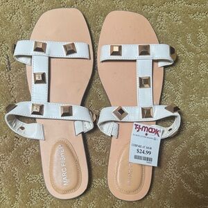 Marc Fisher White Sandals with Gold Studs